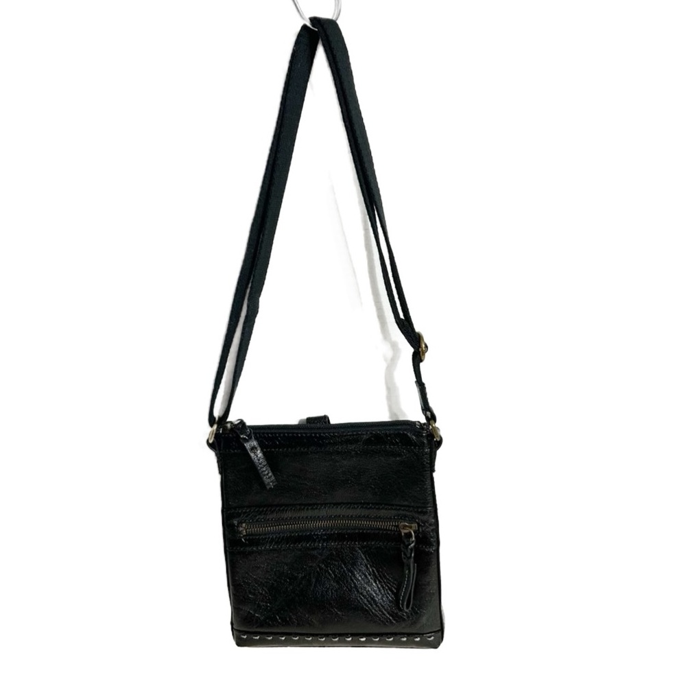 The Sak Black Distress Leather Crossbody Bag Contrasting Stitching Webbed Strap